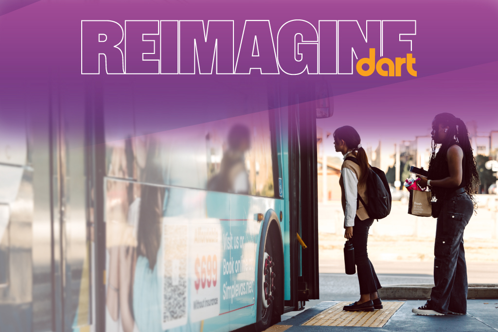 the words Reimagine DART against a purple glow, above a side view of bus with two passengers waiting to boarding